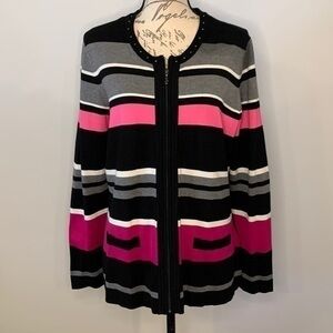 Canda striped stretch knit zip front cardigan sweater L